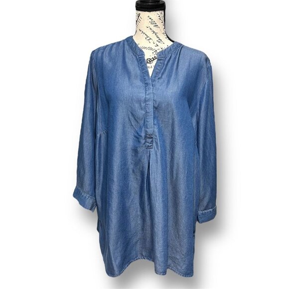 Studio JPR 1X Blue Chambray Denim Look Blouse Long Sleeve Tunic Top Boho Casual - Picture 3 of 10
